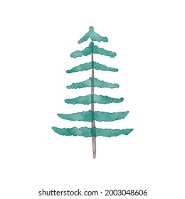 Pine tree silhouette illustration. Forest vector icon in a seasonal watercolor design. Abstract fir drawing.