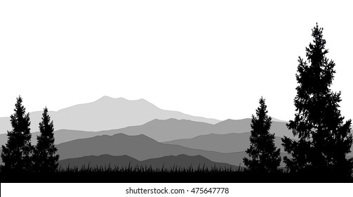 pine tree silhouette with mountain background