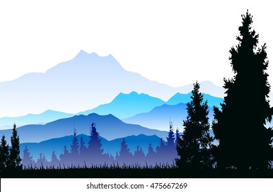 pine tree silhouette with mountain background