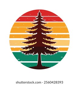 pine Tree Silhouette on Retro Vintage Background Vector Art illustration T-shirt design art