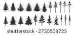Pine tree silhouette set, conifer evergreen forest nature vector illustration, fir spruce christmas winter woodland botanical holiday decoration on transparent background
