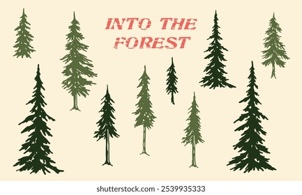 Pine Tree Silhouette Set – Evergreen Pine, Firs and Spruces for Nature and Wilderness Designs, Vector Woodland Illustrations on Off-White Background.