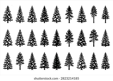 Pine tree silhouette set with snow covered fir spruce cedar evergreen forest and christmas tree woodcut black and white vector illustration