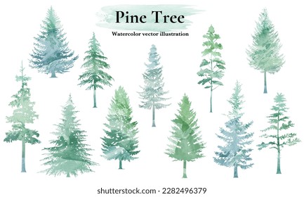 Pine tree silhouette  set. Watercolor  vector illustration. 