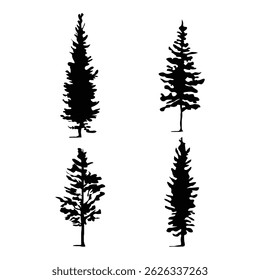 Pine Tree Silhouette Vector Set, Evergreen Conifer Trees in Black.
