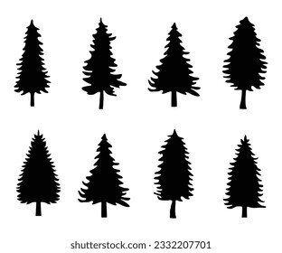 Pine tree silhouettes collection on a white background.