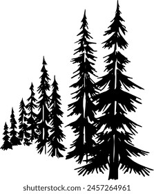 Pine tree silhouettes. Coniferous spruce horizontal background patterns, black evergreen woods vector illustration. Beautiful hand drawn panorama with treetops forest.