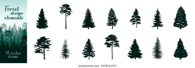 Pinienbaumsilhouetten. Evergreen forest firs und fichtet schwarze Formen, wilde Naturbäume Vorlagen. Weihnachtsbaumsymbol