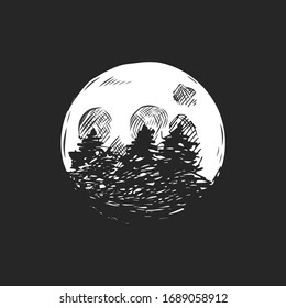 Pine tree silhouettes on full moon background. Full moon in the dark sky hand drawn vector illustration.