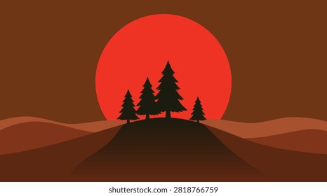 Pine Tree Silhouettes on Hill with Big Red Sun at Sunset — Flat Vector Minimalist Landscape Illustration