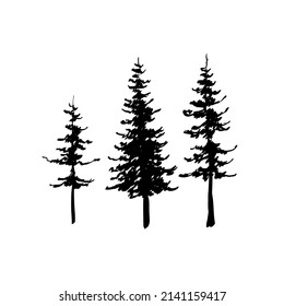 Pine tree silhouettes. Set of black isolated three silhouettes on white background. Graphic drawing. Vector illustration.