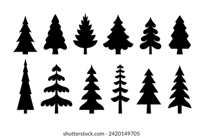 Se colocan siluetas de pino. Árboles de Navidad de diferentes formas colección de iconos. Símbolo de madera y bosque.