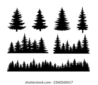 Pine tree silhouettes set. Forest and beautiful natural landscape. Elements for creaeting panorama. Template and layout. Cartoon flat vector collection isolated on white background