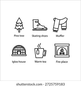 Pine tree, Skating shoes, Muffler, Igloo house, Warm tea, Fire place, icon