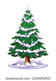 Pine tree with snow covered branches. Vector cartoon illustration