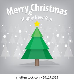 pine tree and snow theme, merry christmas and happy new year on background