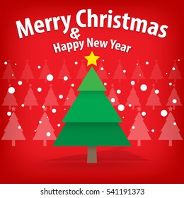 pine tree and snow theme, merry christmas and happy new year on background
