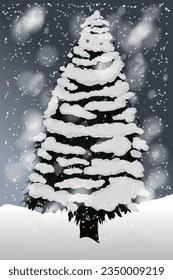 Pine tree in the snow. Pine tree vector with snowy landscape. Illustration. Colorful vector. Winter. Snow. Cold. Frozen.