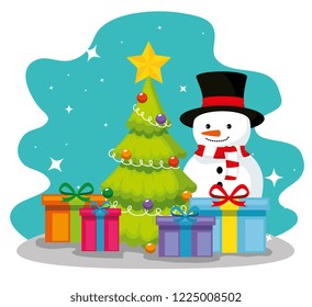 pine tree and snowman with gifts presents