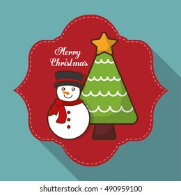 Pine tree and snowman inside frame icon. Merry Christmas season celebration and decoration theme. Colorful design. Vector illustration