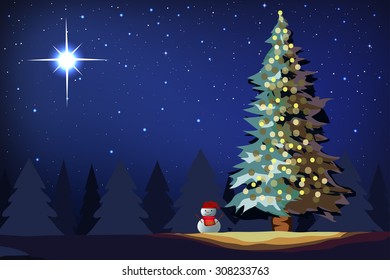 pine tree and snowman in winter Christmas vector