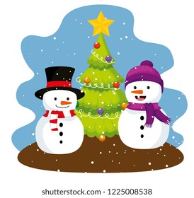 pine tree and snowmen with hat and scarf