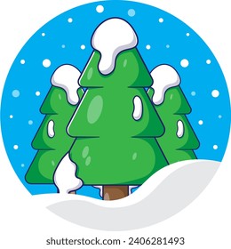 Pine tree stickers vector illustration with snow fall background. beautiful scenery in winter seasons