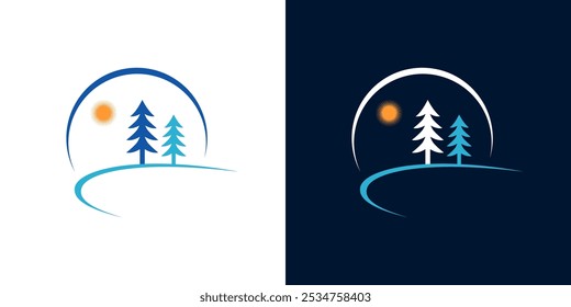 Pine tree sun icon logo sunset nature forest vector isolated