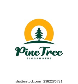 Pine Tree with Sun logo design vector. Creative Pine Tree logo concepts template