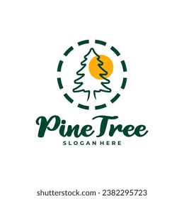 Pine Tree with Sun logo design vector. Creative Pine Tree logo concepts template