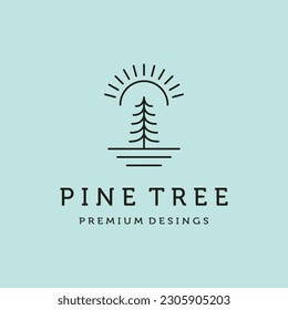 pine tree and sun logo line art vector symbol illustration design, landscape symbol