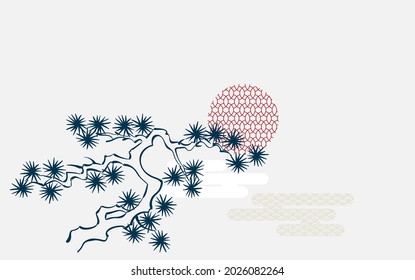 pine tree sun traditional geometric card kimono pattern vector sketch illustration line art japanese chinese oriental