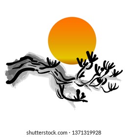 Pine tree and sunrise on white background. Brush touch style. Vector illustration.