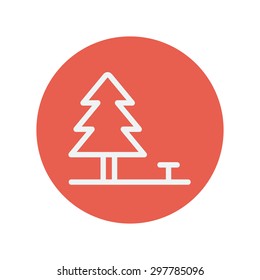Pine tree thin line icon for web and mobile minimalistic flat design. Vector white icon inside the red circle