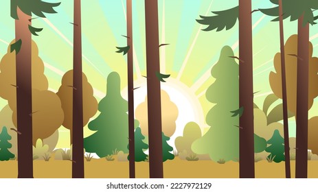 Pine tree trunks. Autumn sunrise and rays. Morning sun. Fir-trees and coniferous trees. Beautiful nature landscape. Plant view. Cartoon fun style. Flat design. Vector.