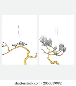 Pine tree vector with hand drawn line vector. Bonsai decoration with gold texture template design in vintage style.