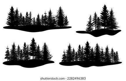 Pine tree vector illustration set. Black silhouette landscape.