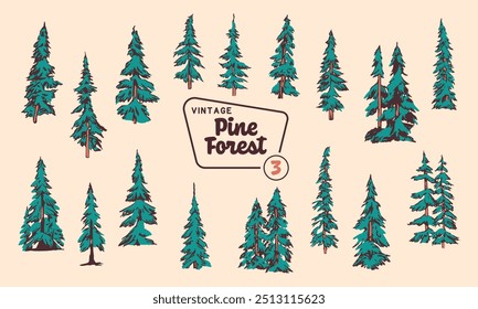 Pine Tree Vector Illustration Set - Hand-Drawn Vintage Mid-Century Style Designs.