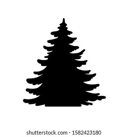 Pine tree vector shape. Hand drawn stylized silhouette monochrome illustration isolated on white background. Element design for christmas card, banner, laser cutting