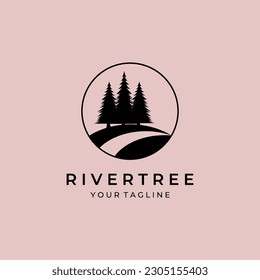 pine pine tree vintage logo with river vector emblem illustration design