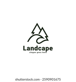 pine tree and waves logo line art vector symbol illustration design, landscape symbol