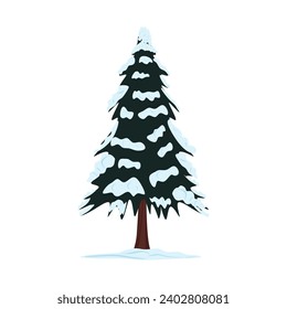 Kiefernbaum in der Winterschneesaison. Weihnachtsbaum mit Schnee auf Ästen einzeln auf weißem Hintergrund. Spruce oder grüner Nadelbaum im Cartoon-Stil. Farbige flache Vektorgrafik