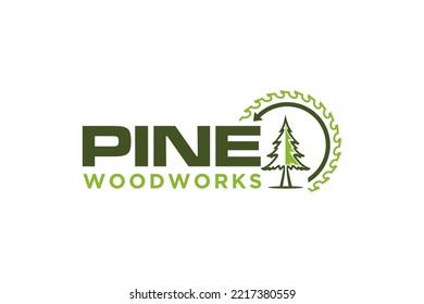 Pine tree wood work logo design rounded emblem shape conifer forest nature with circular saw logging lumberjack 