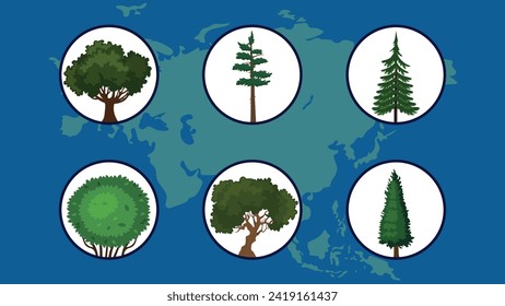 Pine tree and world map vector illustration. World environment day.