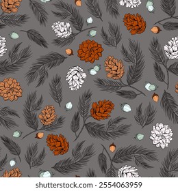 Pine Trees and Acorns Vector Seamless Pattern in Scandinavian Terracotta and Gray for Wallpapers and Fabrics Print, Textile Design