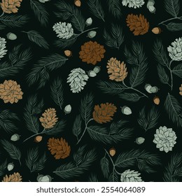 Pine Trees and Acorns Vector Seamless Pattern in Scandinavian Dark Green and Brown for Wallpapers and Fabrics Print, Textile Design