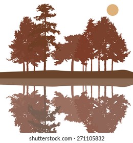 Pine trees at the bank of a lake with reflections. Water, Sun. Vector illustration.