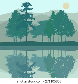 Pine trees at the bank of a lake with reflections. Mountains, water, Sun. Vector illustration.