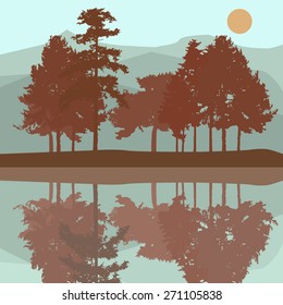 Pine trees at the bank of a lake with reflections. Mountains, water, Sun. Vector illustration.