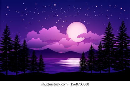 Pine trees in beautiful night with starry sky